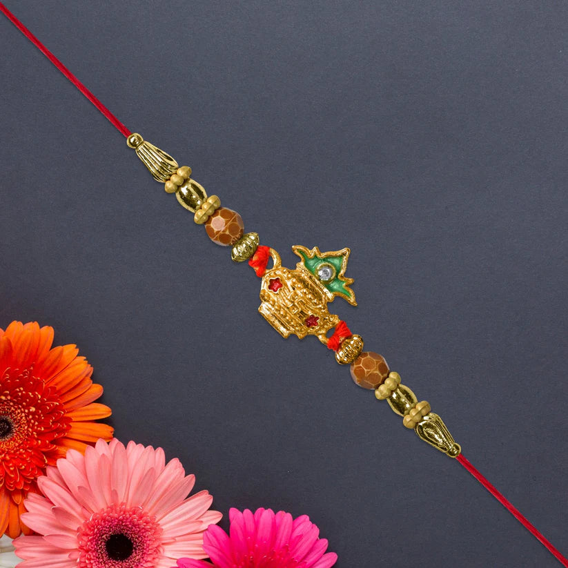 Golden Kalash Rakhi – Elegant Moti Design for Brother