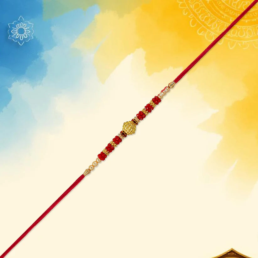 Red Bead Rakhi – Golden Centerpiece & Pearl Details (pack of 10)