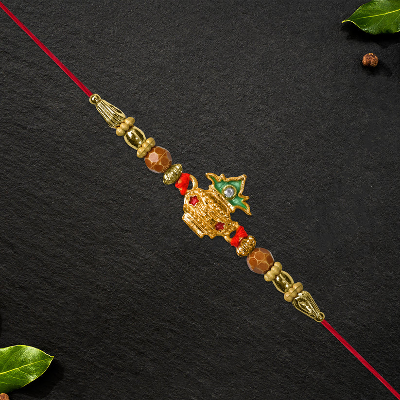 Golden Kalash Rakhi – Elegant Moti Design for Brother