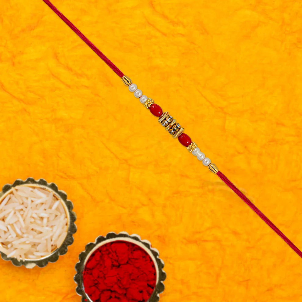 Pearl Beaded Rakhi – Traditional Red & Gold Elegance (pack of 10)