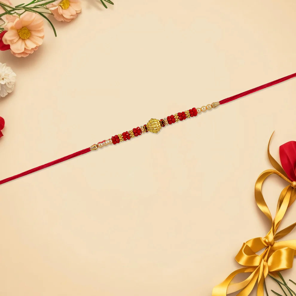 Red Bead Rakhi – Golden Centerpiece & Pearl Details (pack of 10)