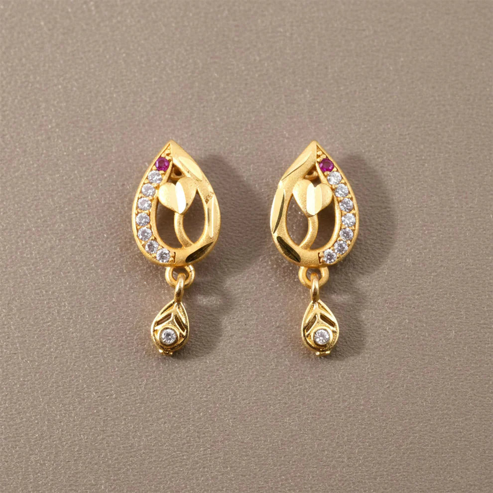 Gold Tone Leaf Pattern Drop Earrings With Rhinestone Studded Design For Women