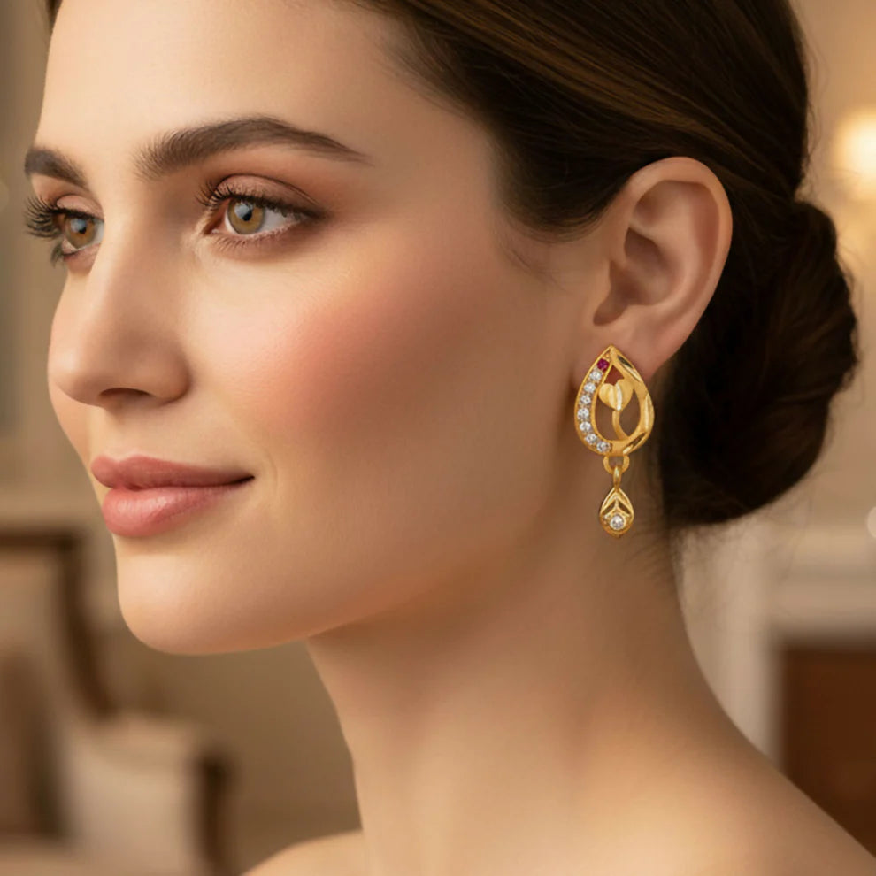 Gold Tone Leaf Pattern Drop Earrings With Rhinestone Studded Design For Women