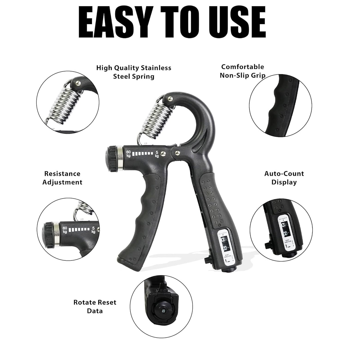 Premium Counter 10Kg To 60Kg Weight Adjustable Professional Counter Hand Gripper for Men & Women | Counter Hand Grip|Finger Exerciser|Power Gripper|Black Color|
