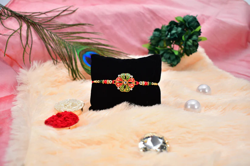 Flower Rakhi for Brother – Enamel & Golden Beads Design (pack of 10)