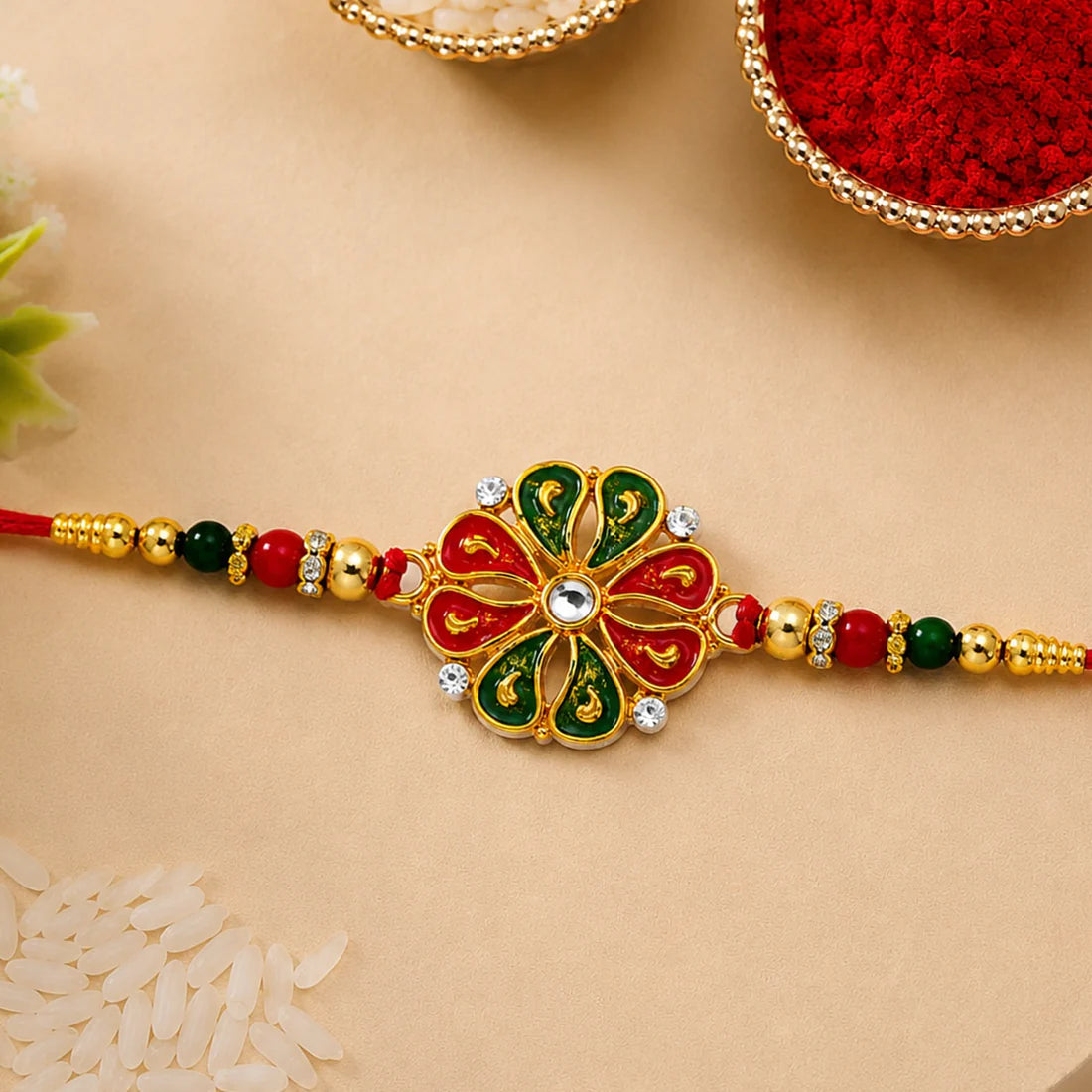 Flower Rakhi for Brother – Enamel & Golden Beads Design (pack of 10)