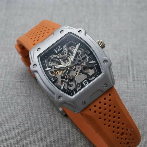 Premium Silver Dial Men's Watch With Silicone Strap For Trendy Casual Style - Orange