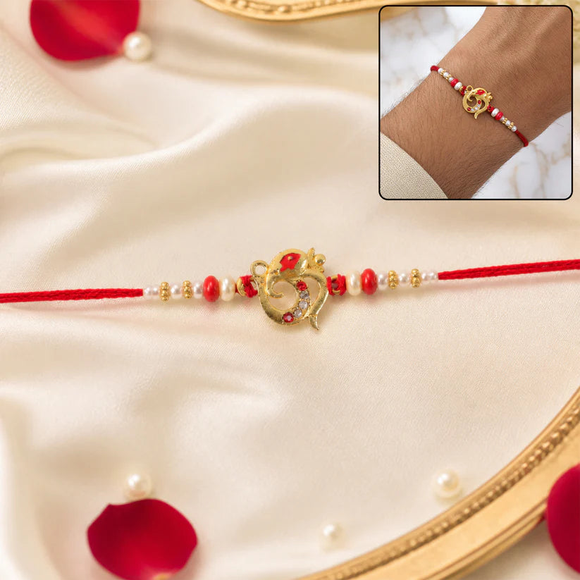 Traditional Rakhi with Red Beads and Pearl Dotted Thread – Elegant Festive Design (pack of 6)