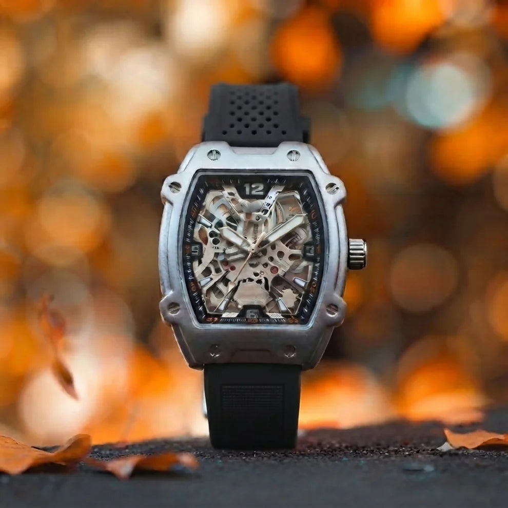 Premium Silver Dial Men's Watch With Silicone Strap For Trendy Casual Style - Orange