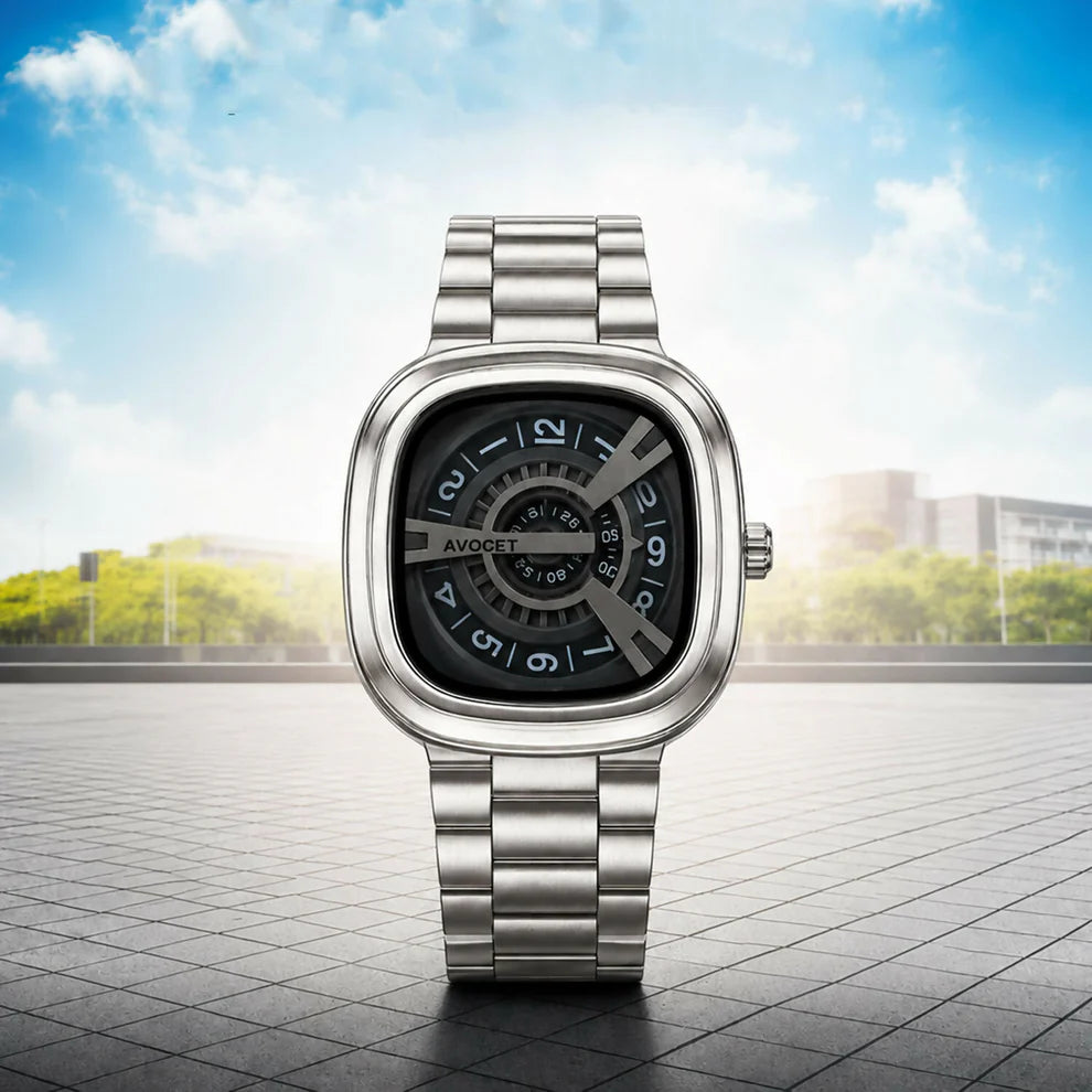 Square Analog Watch – Futuristic Black Dial with Silver Strap