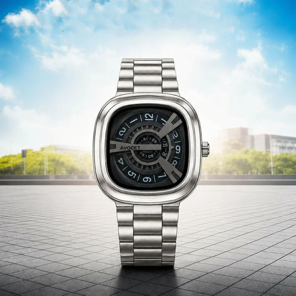 Square Analog Watch – Futuristic Black Dial with Silver Strap
