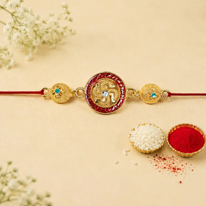 Rakhi with Fridge Magnet for Brother (Set of 7) – Raksha Bandhan Celebrations Combo with Ganesha & Swastik Design Rakhi, 2 Pc Fridge Magnets, Greeting Card, Roli Chawal & Silver Color Coin