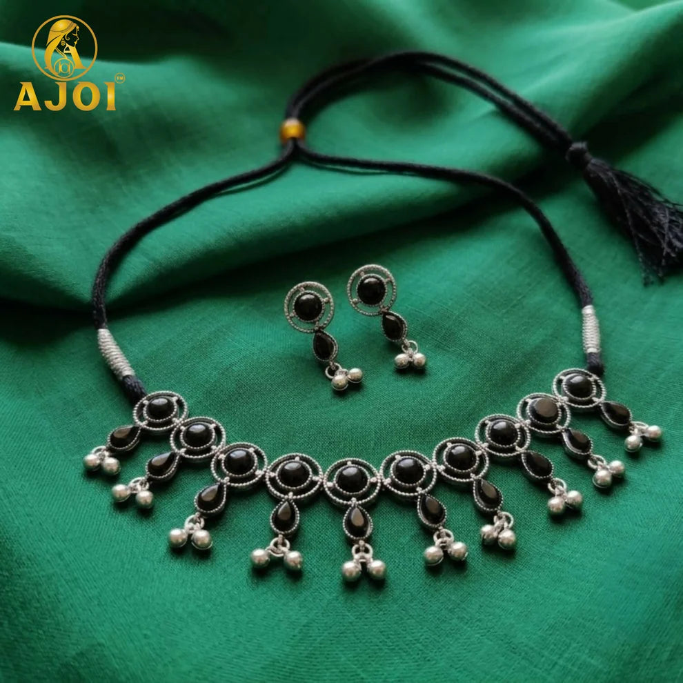 Premium Oxidised Silver-Plated Black Stone Choker Necklace Set