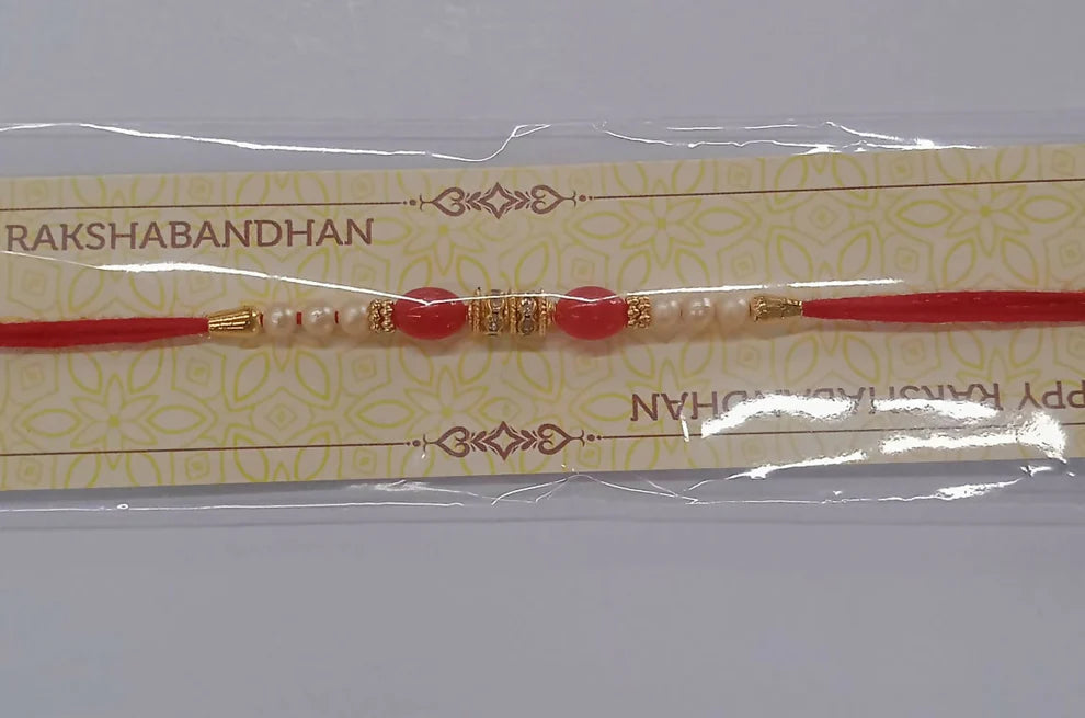 Pearl Beaded Rakhi – Traditional Red & Gold Elegance (pack of 10)