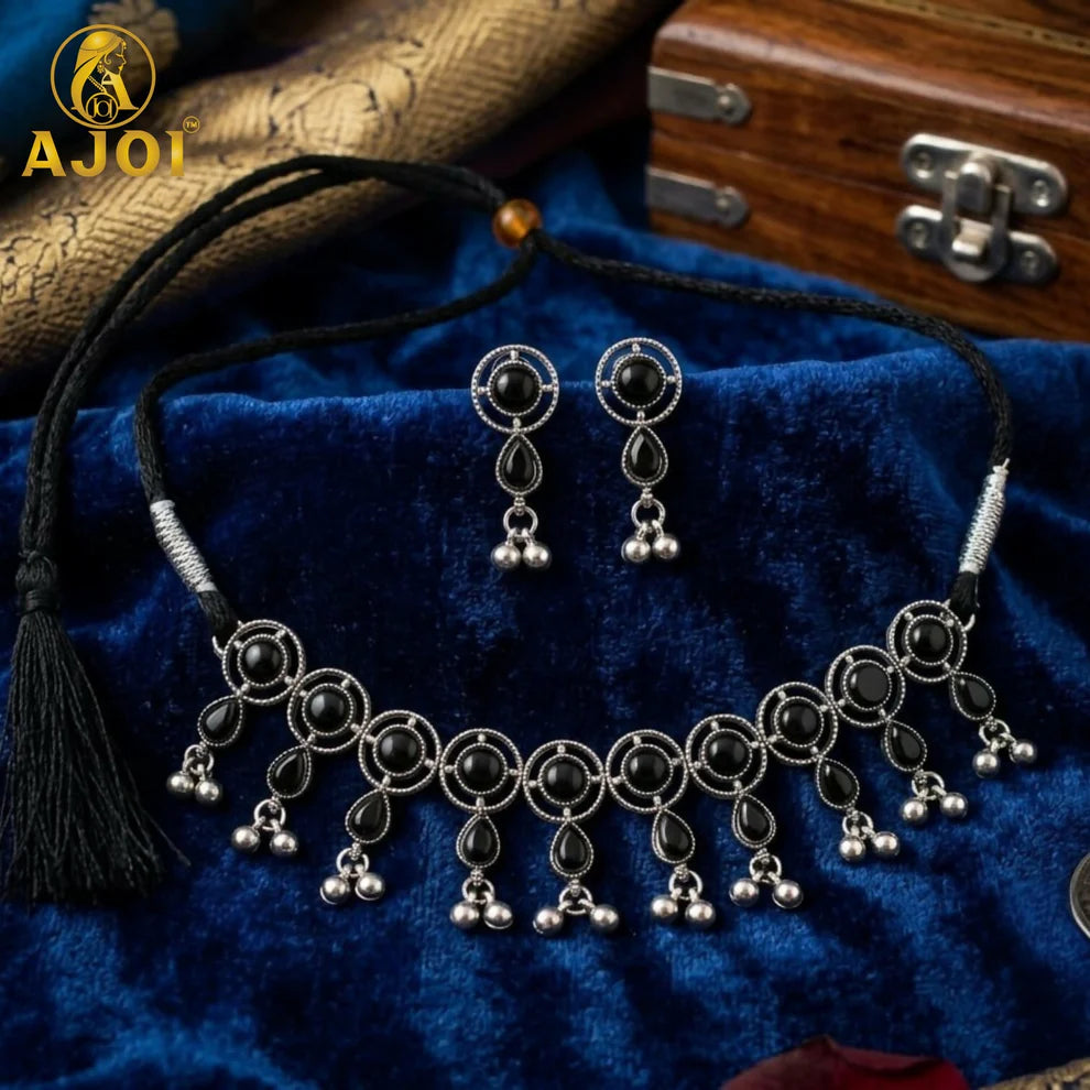 Premium Oxidised Silver-Plated Black Stone Choker Necklace Set