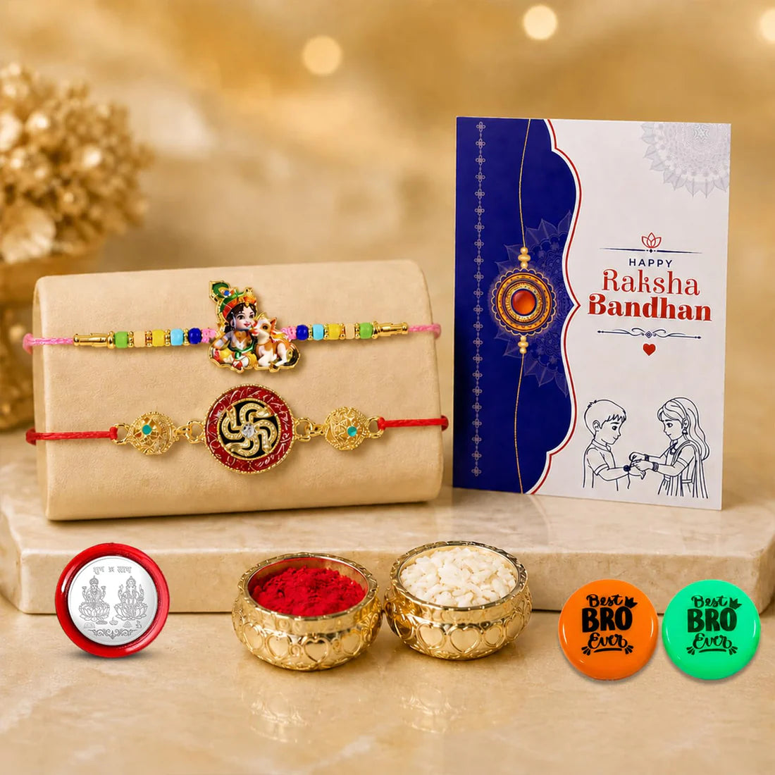 Rakhi with Fridge Magnet for Brother (Set of 7) – Raksha Bandhan Celebrations Combo with Ganesha & Swastik Design Rakhi, 2 Pc Fridge Magnets, Greeting Card, Roli Chawal & Silver Color Coin