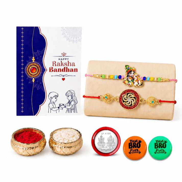 Rakhi with Fridge Magnet for Brother (Set of 7) – Raksha Bandhan Celebrations Combo with Ganesha & Swastik Design Rakhi, 2 Pc Fridge Magnets, Greeting Card, Roli Chawal & Silver Color Coin