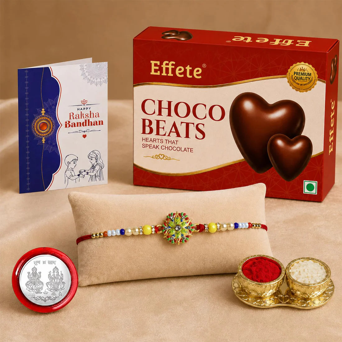 Floral Multicolor Rakhi & Chocolate Beats 32gm with Roli Chawal, Silver Color Pooja Coin & Greeting Card, Rakshbandhan Combo, Rakhi & Chocolate, Pack of 5 For Raksha Bandhan