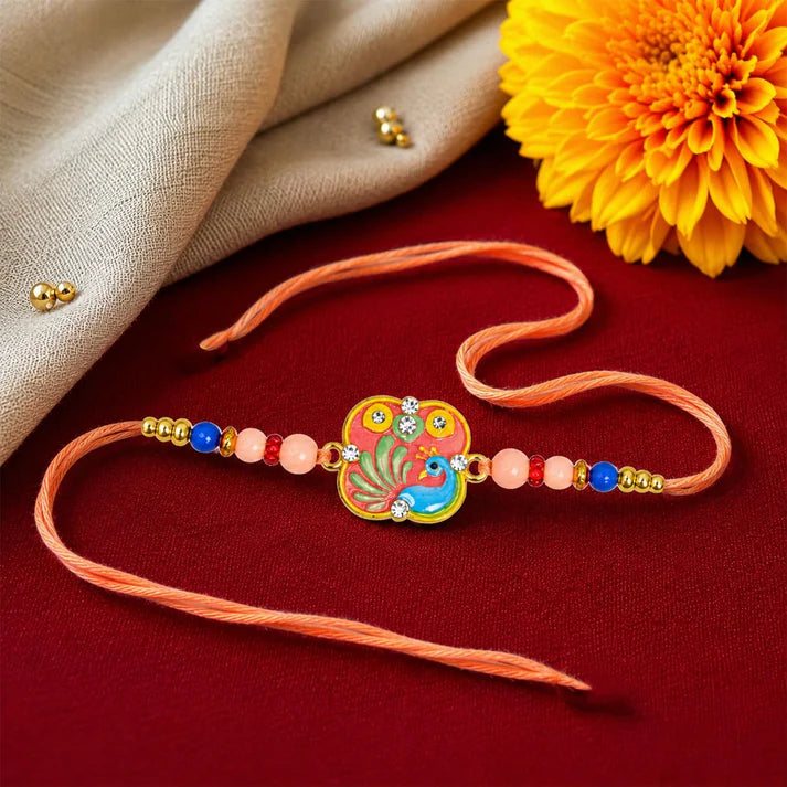 Multicolor Peacock Rakhi & Cigar Rolls Wafer Roll Pistachio Cream with Roli Chawal, Silver Color Pooja Coin & Greeting Card, Fancy Rakhis for men stylish, Rakshbandhan Combo, Pack of 5 For Raksha Bandhan