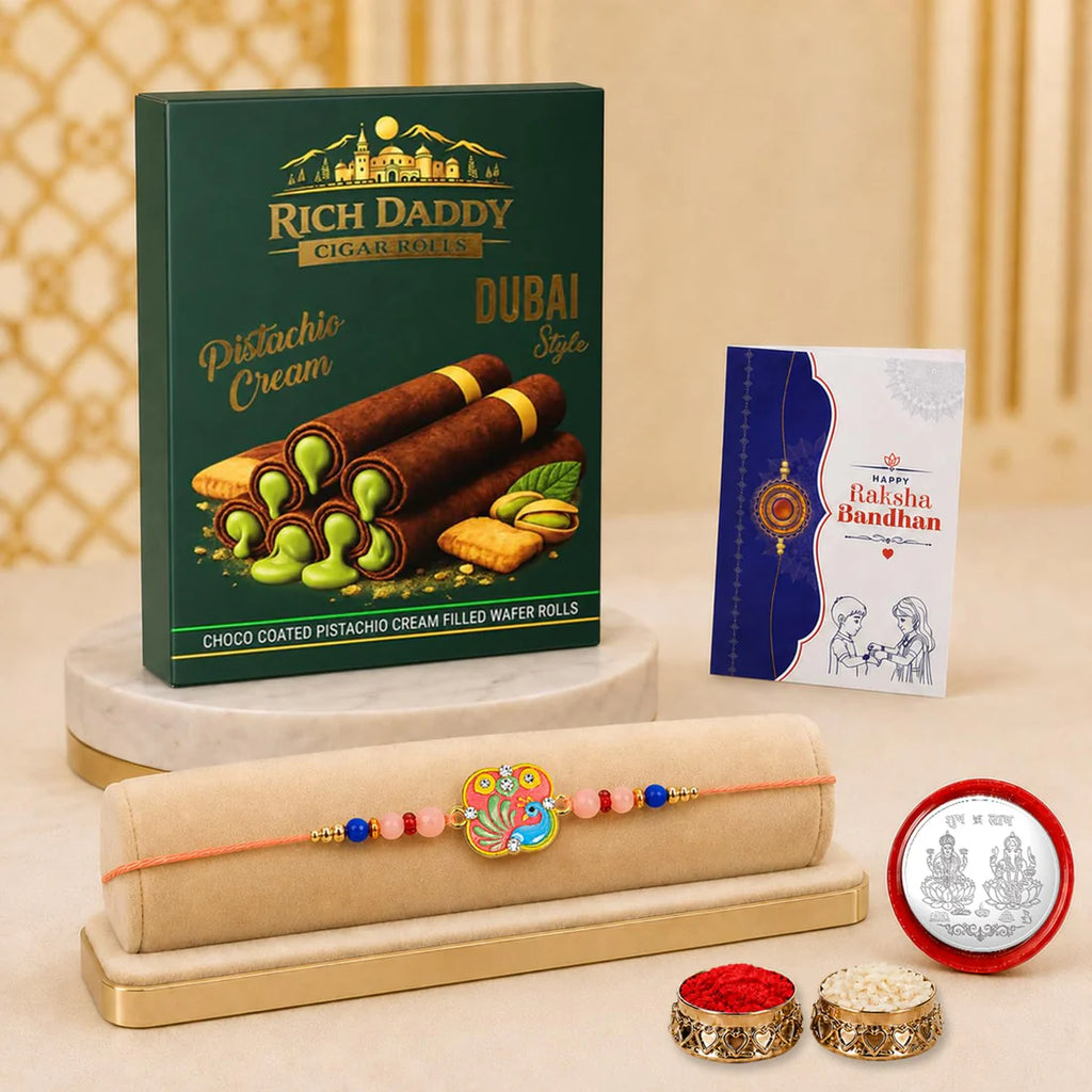 Multicolor Peacock Rakhi & Cigar Rolls Wafer Roll Pistachio Cream with Roli Chawal, Silver Color Pooja Coin & Greeting Card, Fancy Rakhis for men stylish, Rakshbandhan Combo, Pack of 5 For Raksha Bandhan