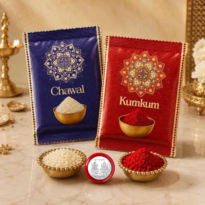 Rakhi with Fridge Magnet for Brother (Set of 7) – Raksha Bandhan Celebrations Combo with Ganesha & Swastik Design Rakhi, 2 Pc Fridge Magnets, Greeting Card, Roli Chawal & Silver Color Coin