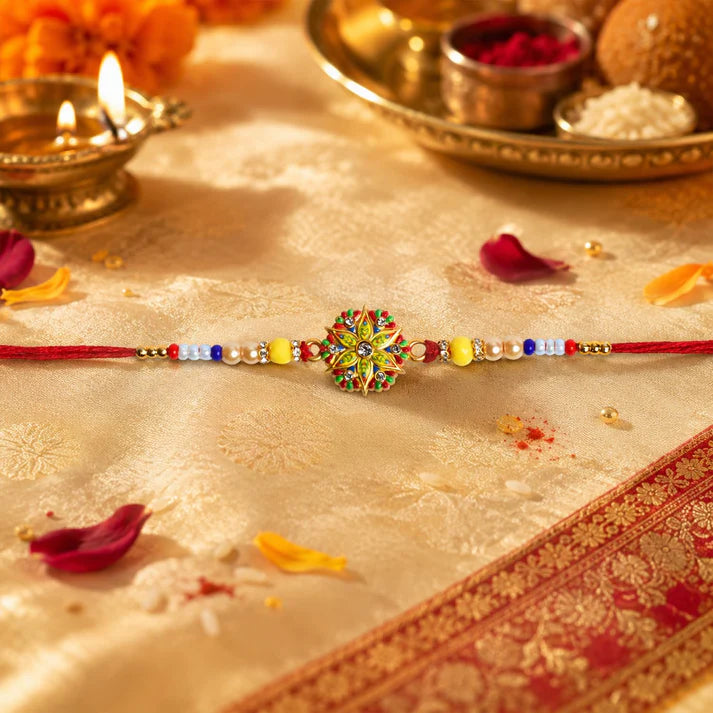Floral Multicolor Rakhi & Chocolate Beats 32gm with Roli Chawal, Silver Color Pooja Coin & Greeting Card, Rakshbandhan Combo, Rakhi & Chocolate, Pack of 5 For Raksha Bandhan