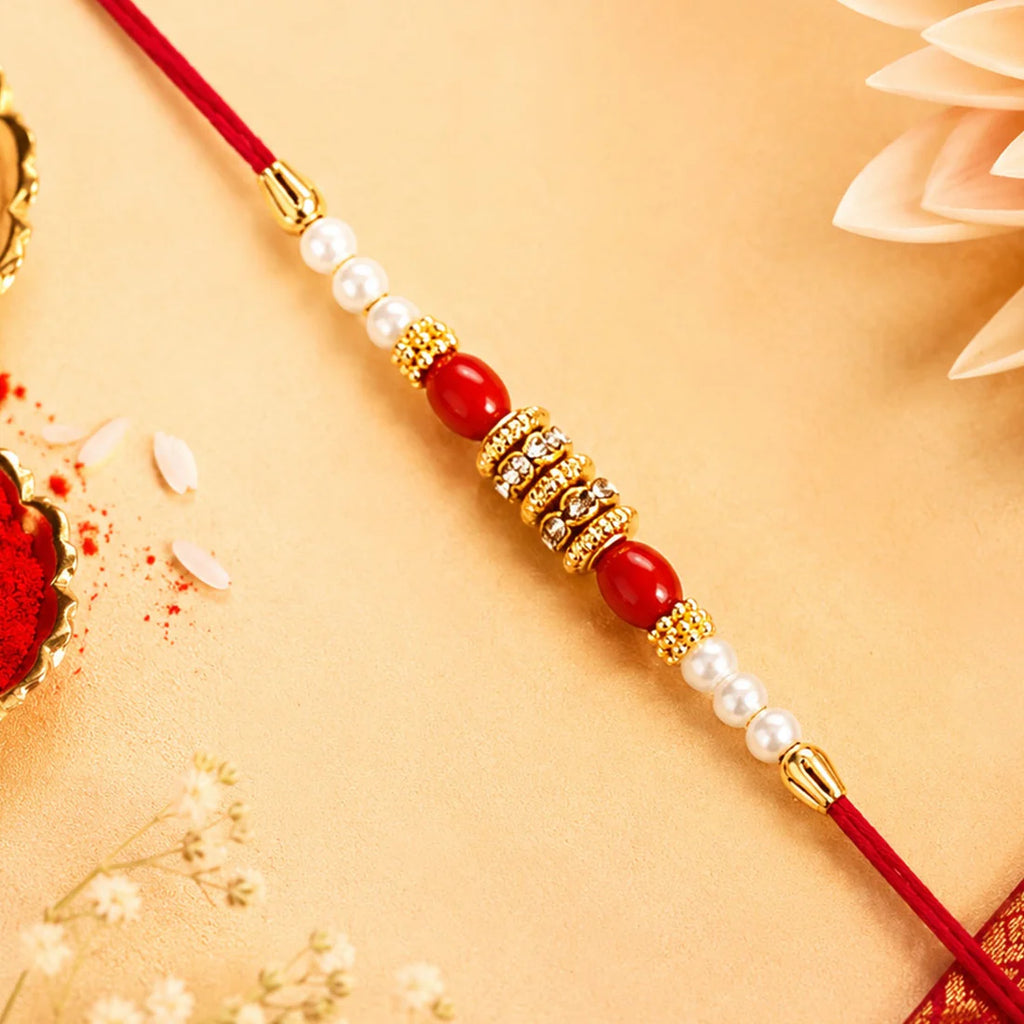 Pearl Beaded Rakhi – Traditional Red & Gold Elegance (pack of 10)