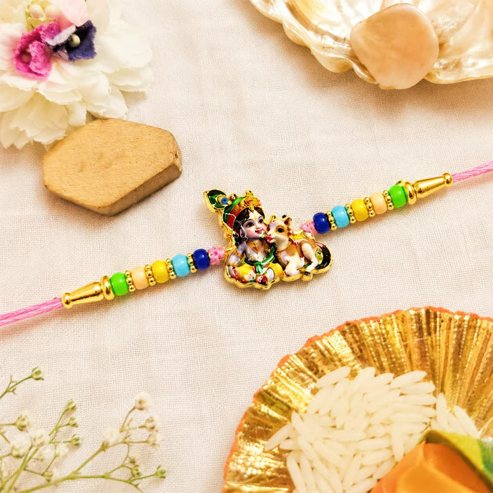 Rakhi with Fridge Magnet for Brother (Set of 7) – Raksha Bandhan Celebrations Combo with Ganesha & Swastik Design Rakhi, 2 Pc Fridge Magnets, Greeting Card, Roli Chawal & Silver Color Coin