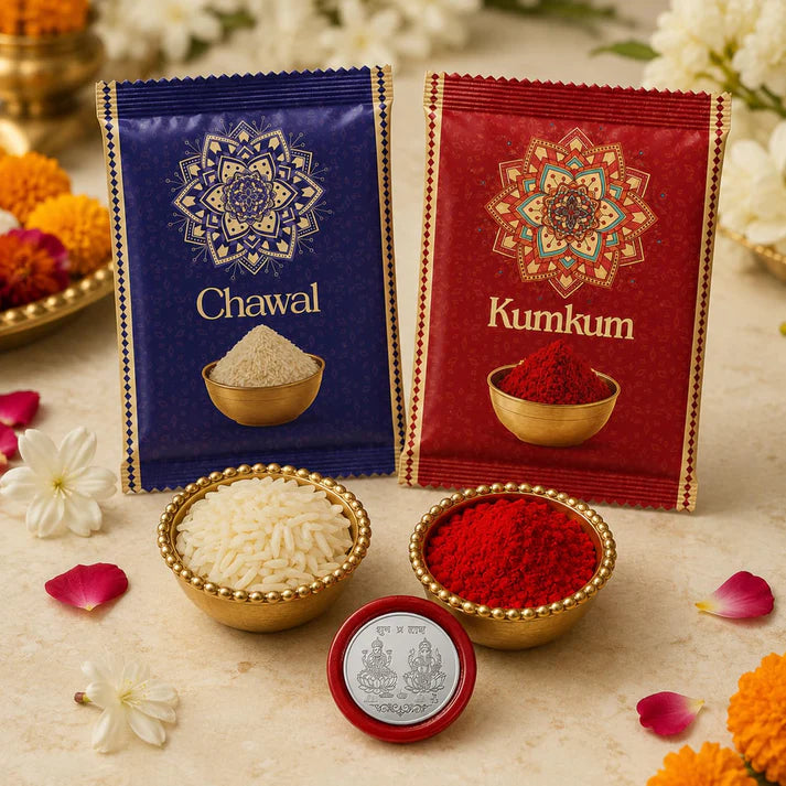 Floral Multicolor Rakhi & Chocolate Beats 32gm with Roli Chawal, Silver Color Pooja Coin & Greeting Card, Rakshbandhan Combo, Rakhi & Chocolate, Pack of 5 For Raksha Bandhan