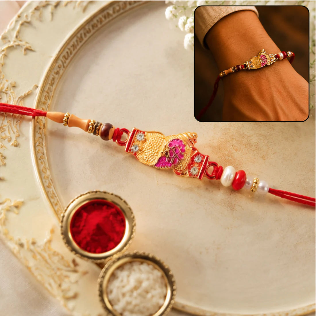 Designer Rakhi with Beads & Pearl Detail – Elegant & Festive