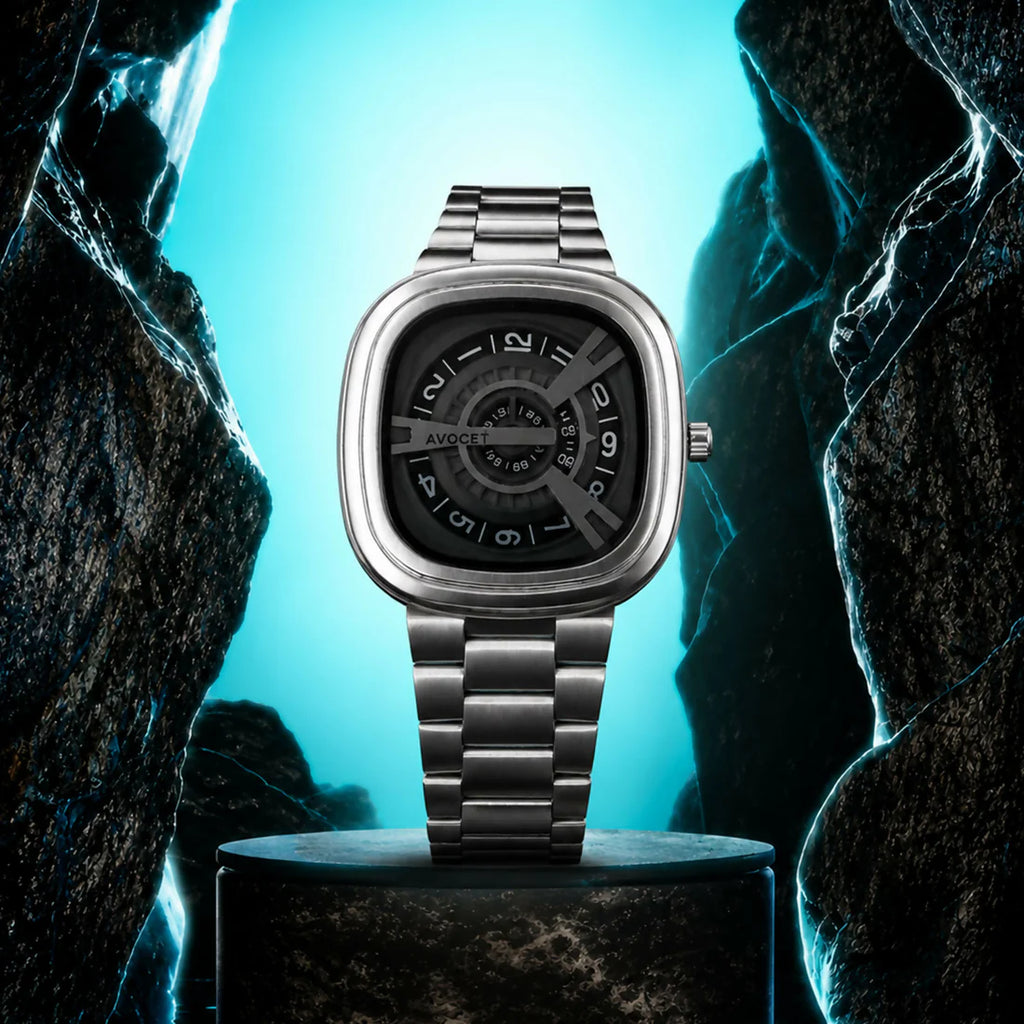 Square Analog Watch – Futuristic Black Dial with Silver Strap