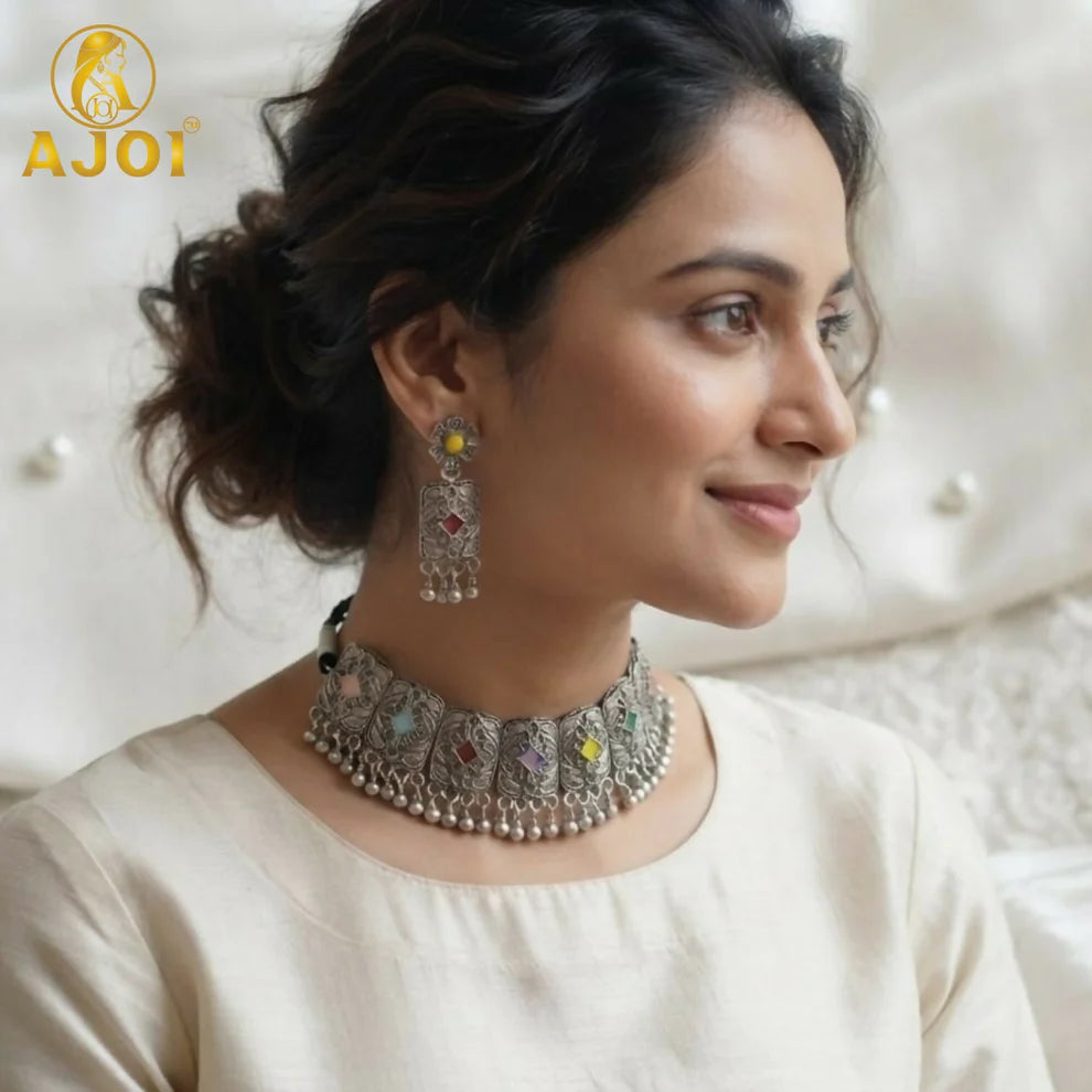 Premium Oxidised Silver-Plated Multicolor Stone Choker Necklace Set