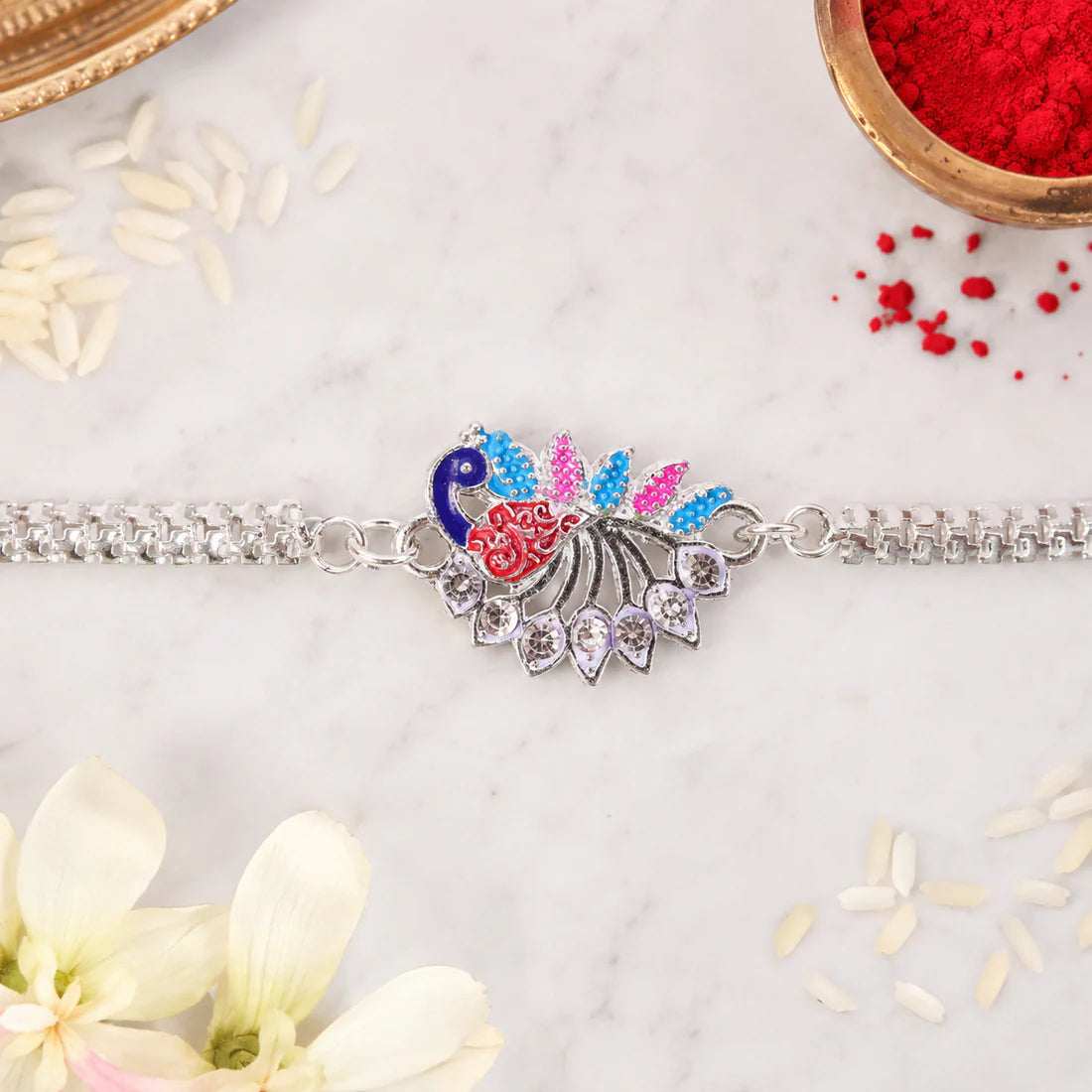 Peacock Rakhi, Enamel Finish Silver-Tone Design for Raksha Bandhan (pack of 6)