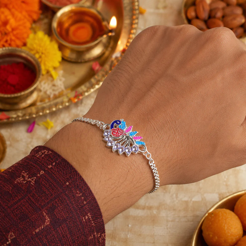 Peacock Rakhi, Enamel Finish Silver-Tone Design for Raksha Bandhan (pack of 6)