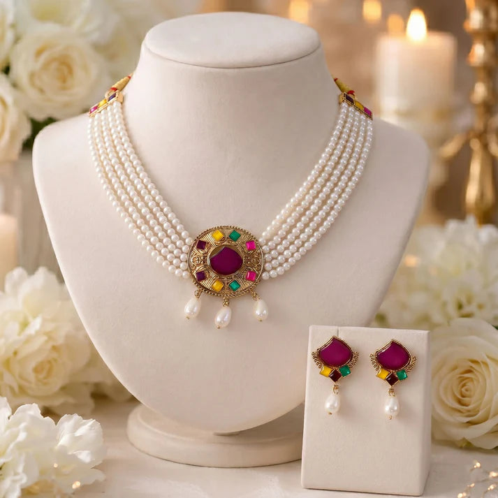 Traditional Purple Stone Pearl Choker Necklace Set – Elegant Ethnic Jewelry