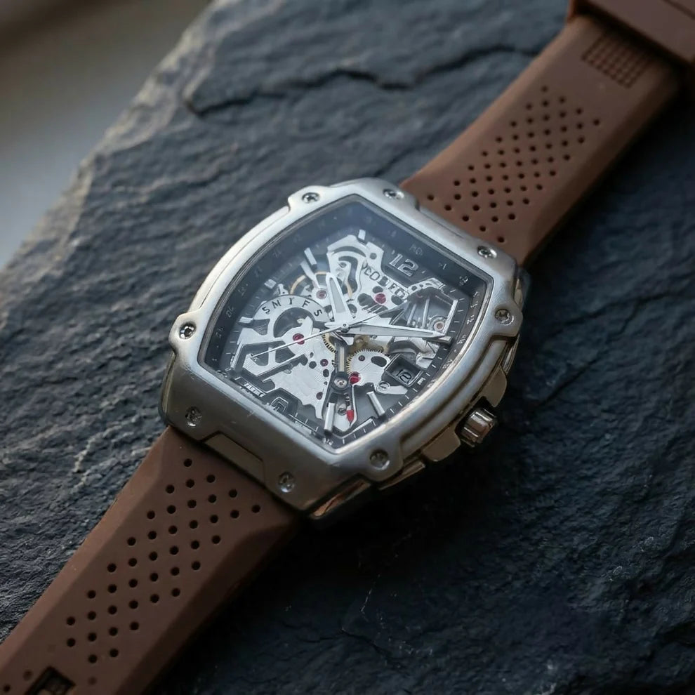 Premium Silver Dial Men's Watch With Silicone Strap For Trendy Casual Style - Orange