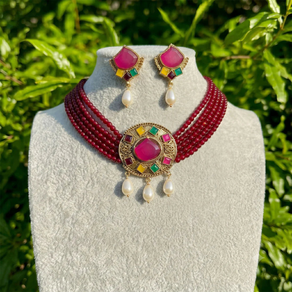 Traditional Maroon Beaded Choker – Elegant Handcrafted Design