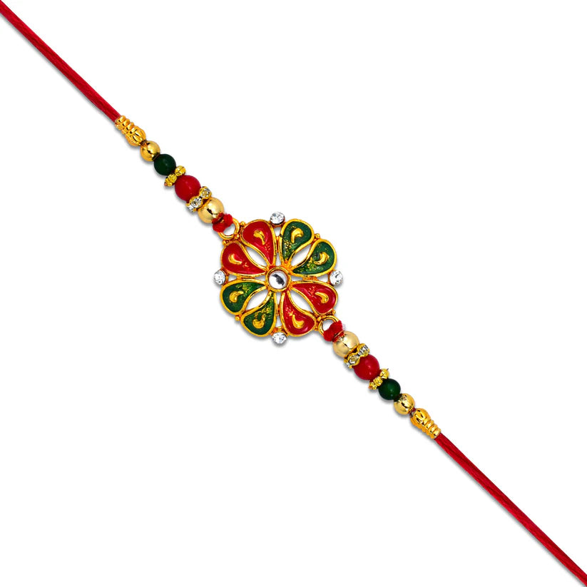 Flower Rakhi for Brother – Enamel & Golden Beads Design (pack of 10)