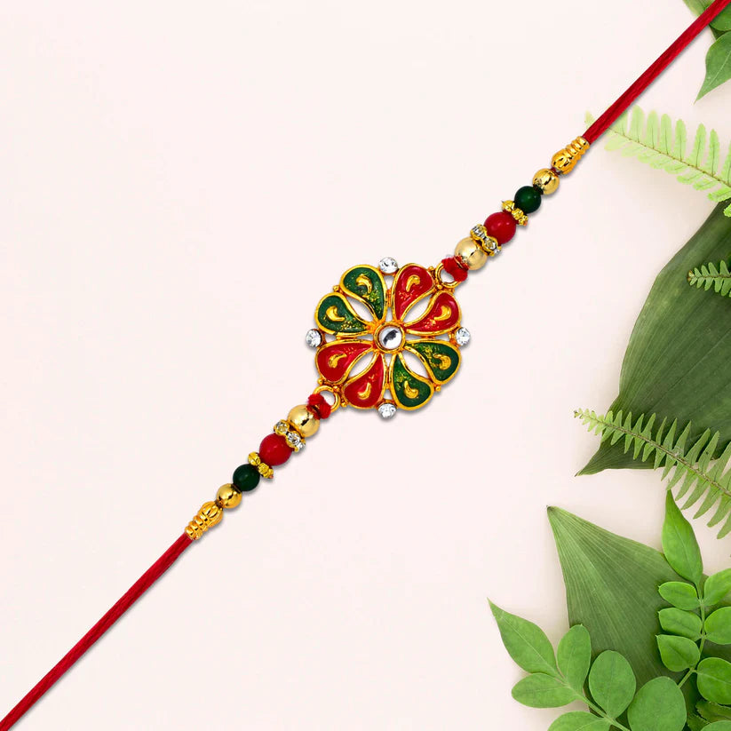 Flower Rakhi for Brother – Enamel & Golden Beads Design (pack of 10)