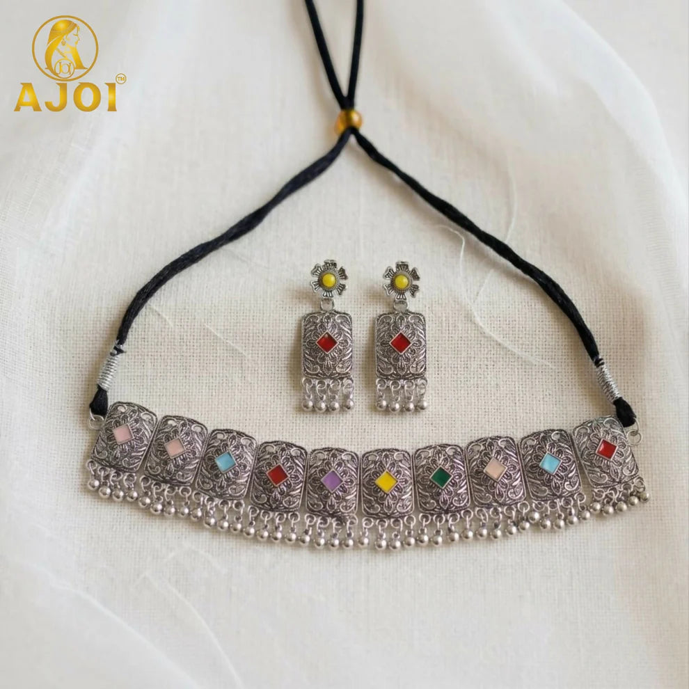Premium Oxidised Silver-Plated Multicolor Stone Choker Necklace Set