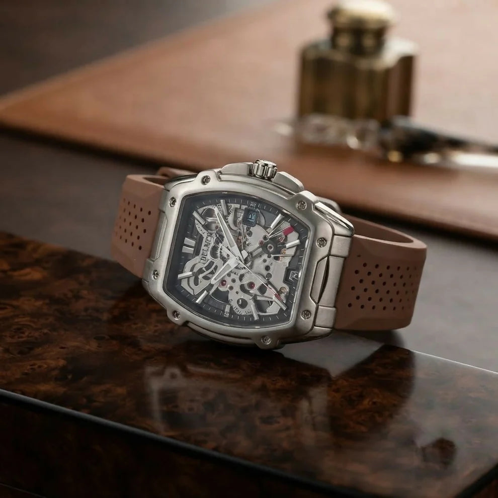 Premium Silver Dial Men's Watch With Silicone Strap For Trendy Casual Style - Orange