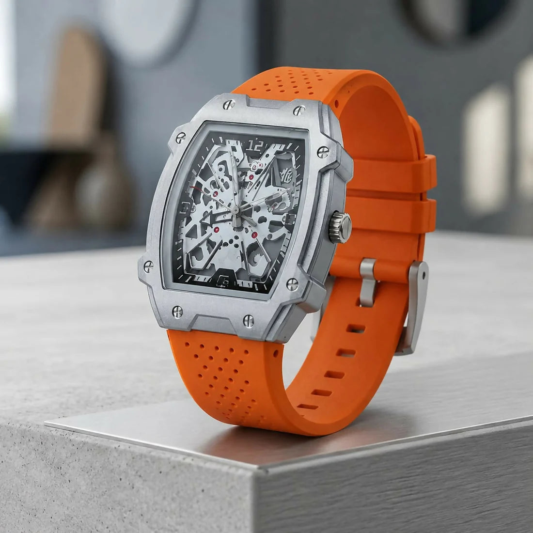 Premium Silver Dial Men's Watch With Silicone Strap For Trendy Casual Style - Orange