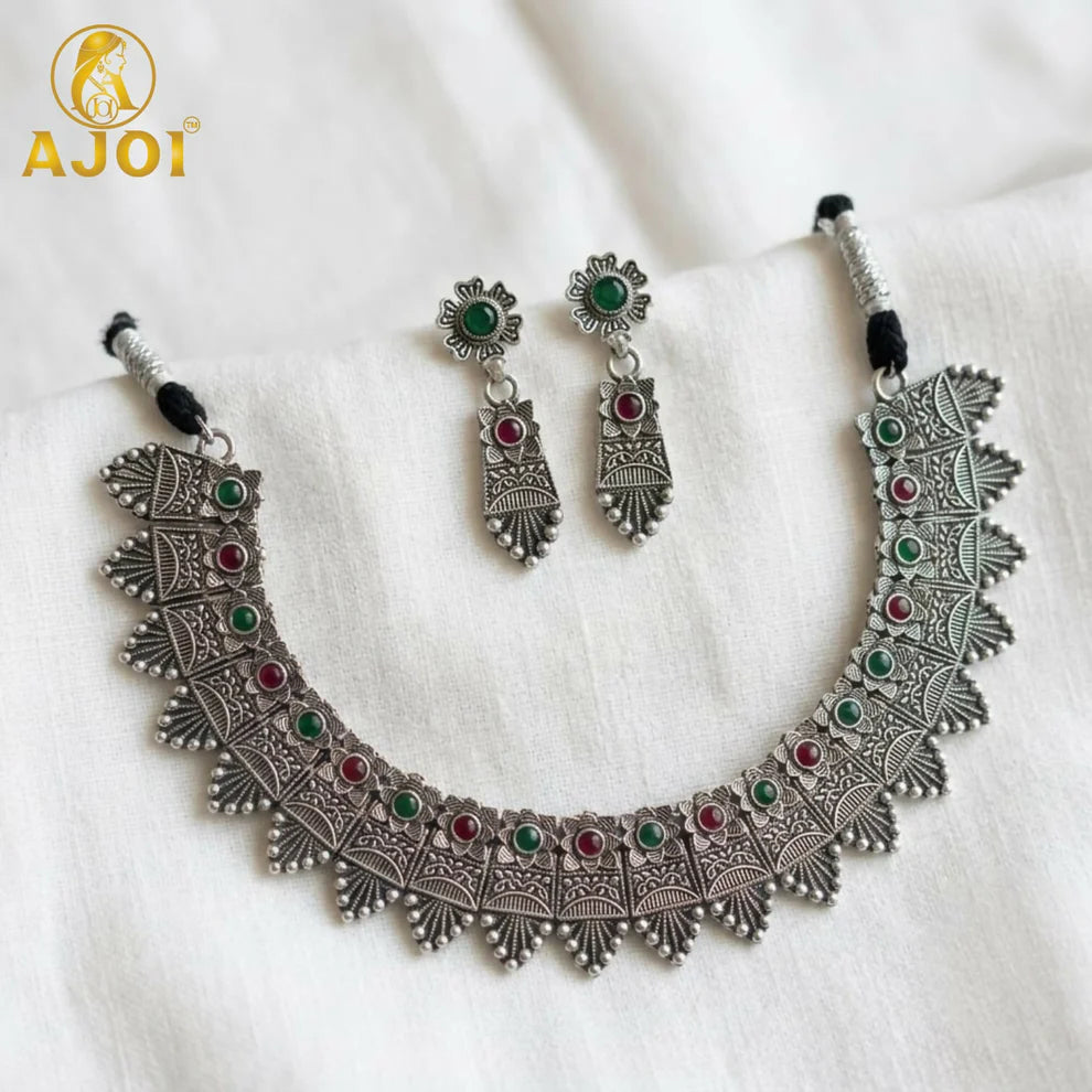 Premium Oxidised Silver-Plated Ruby Stone Choker Necklace Set