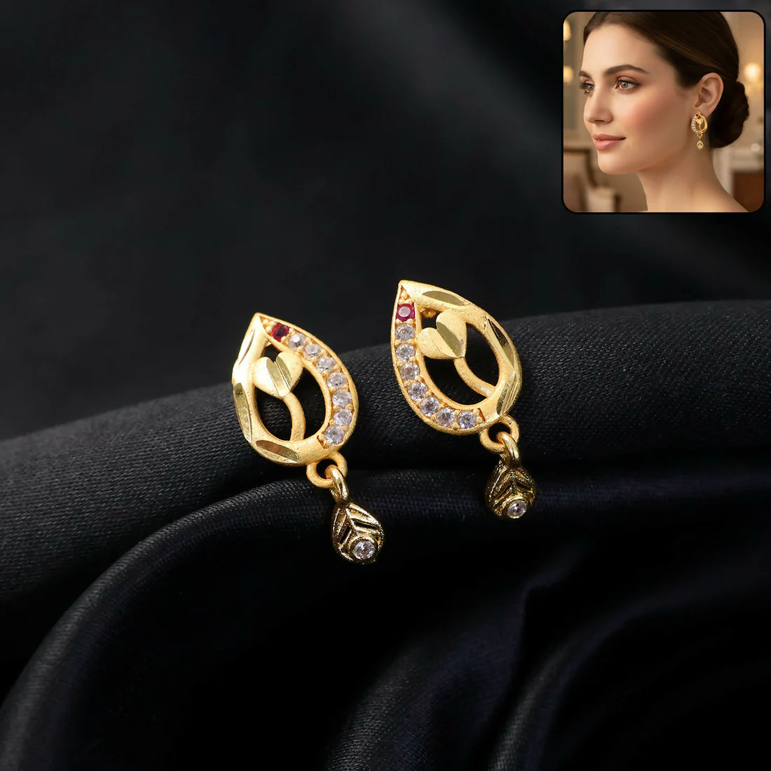 Gold Tone Leaf Pattern Drop Earrings With Rhinestone Studded Design For Women
