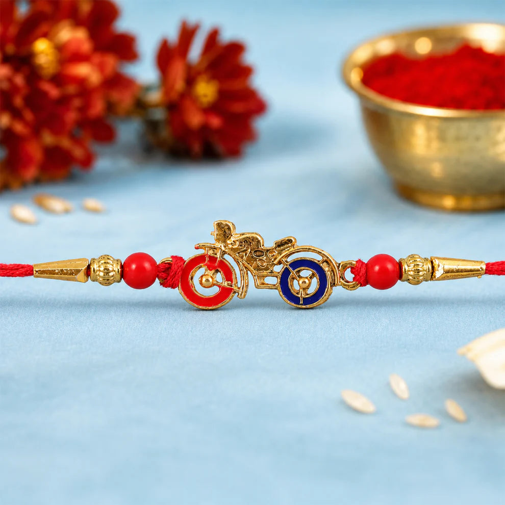 Motorbike Rakhi Golden Bike Charm Pearl Beads Bracelet (Pack of 6)