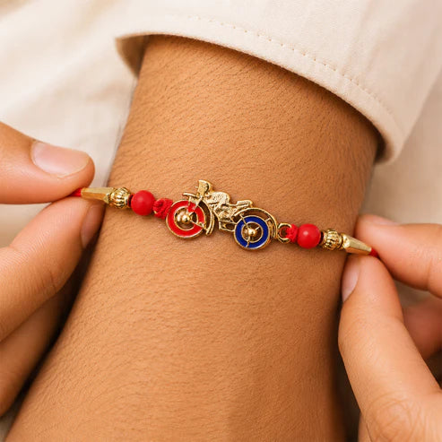 Motorbike Rakhi Golden Bike Charm Pearl Beads Bracelet (Pack of 6)