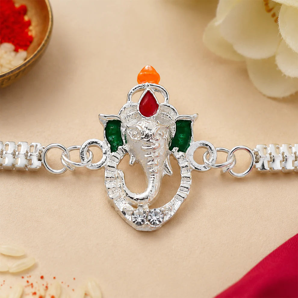 Ganesha Rakhi – Stylish Enamel & Silver Chain for Brothers (packof 10)
