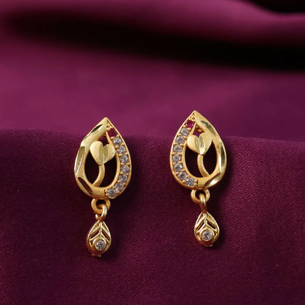Gold Tone Leaf Pattern Drop Earrings With Rhinestone Studded Design For Women