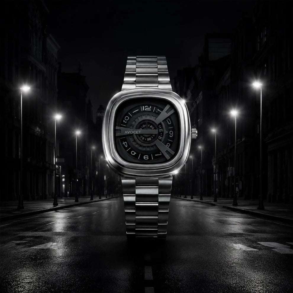 Square Analog Watch – Futuristic Black Dial with Silver Strap