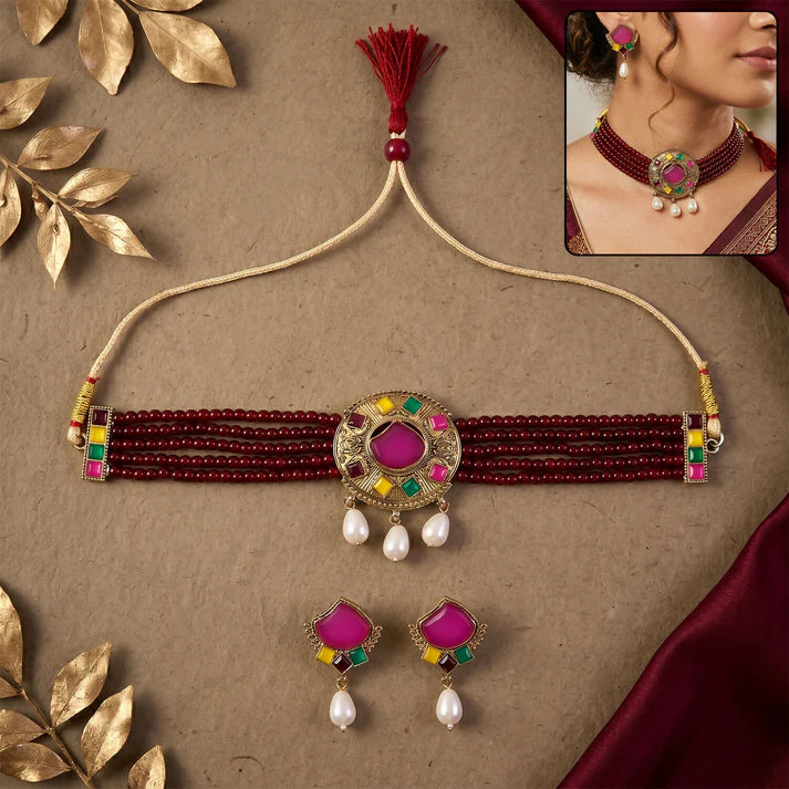 Traditional Maroon Beaded Choker – Elegant Handcrafted Design